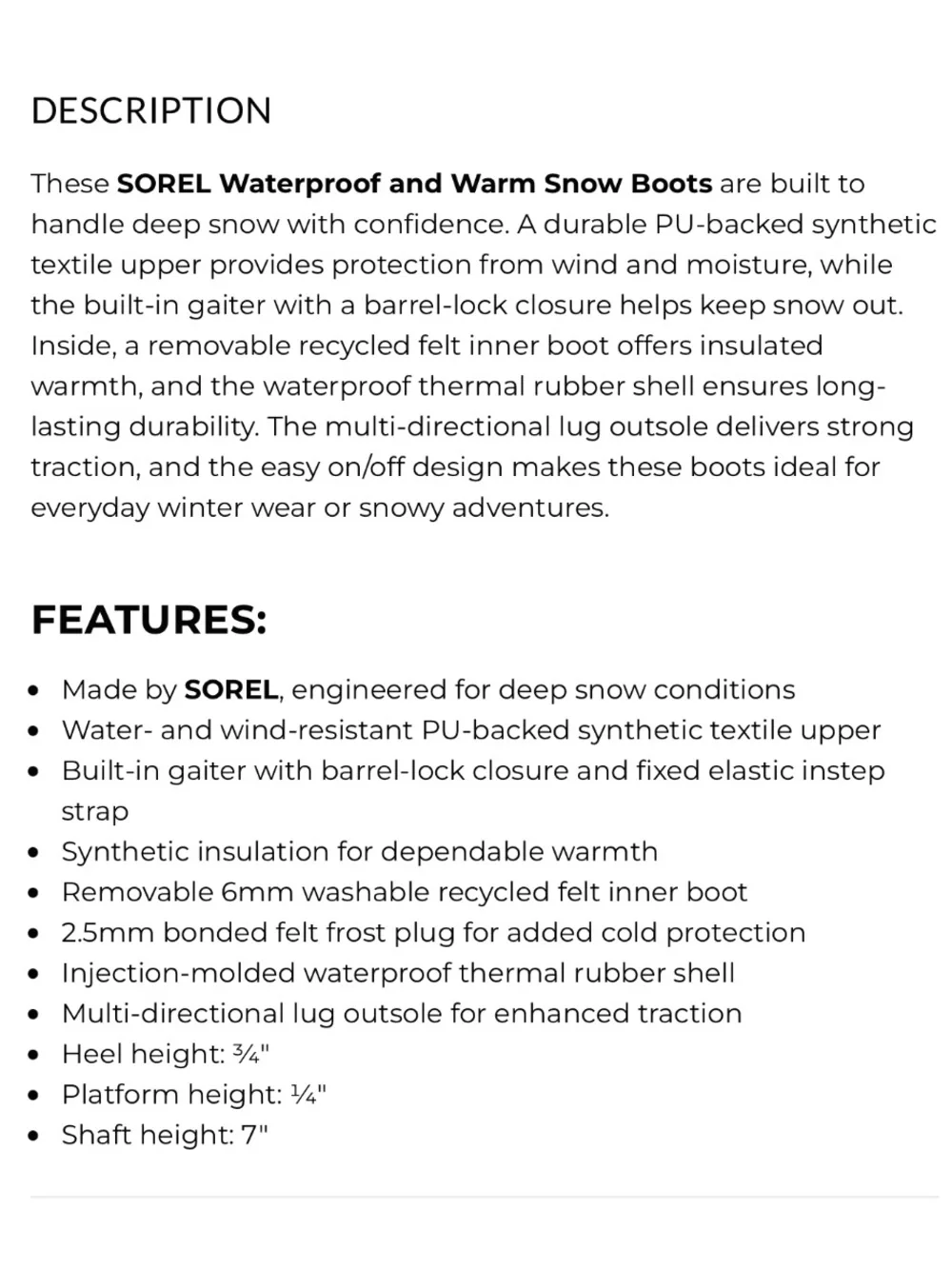 SOREL Flurry Youth Snow Boots Size 7 Waterproof Insulated Winter Snow Unisex